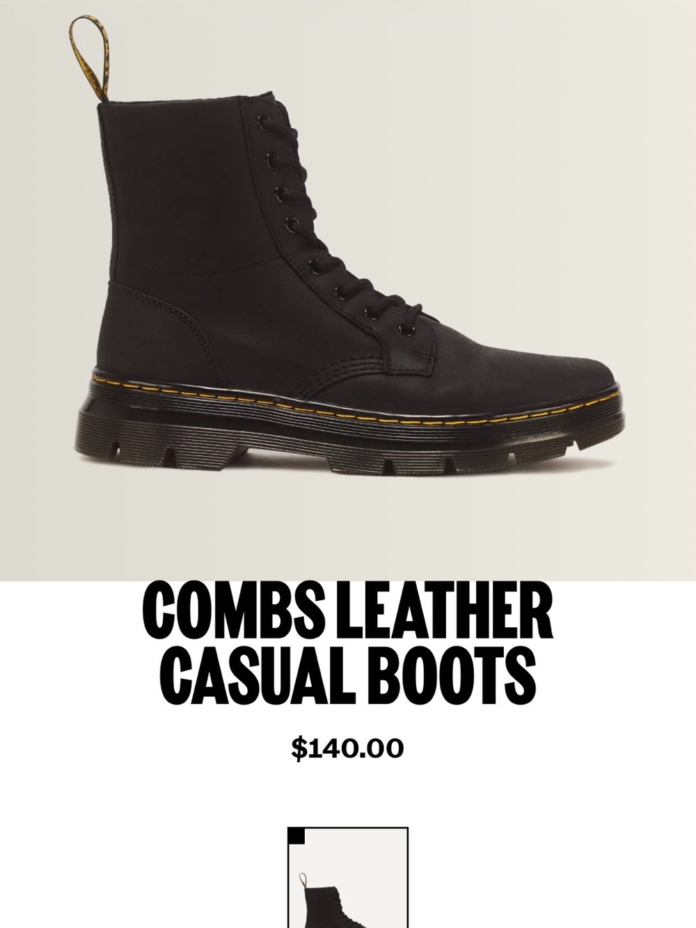 Dr. Martens Black Leather Combs 8-Eye Lace-Up Boots with Yellow Stitching